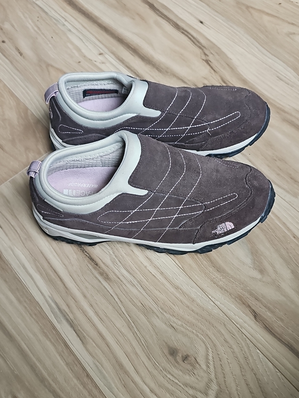 The North Face Kids Brown Suede Slip-On Sneakers with Pink Lining